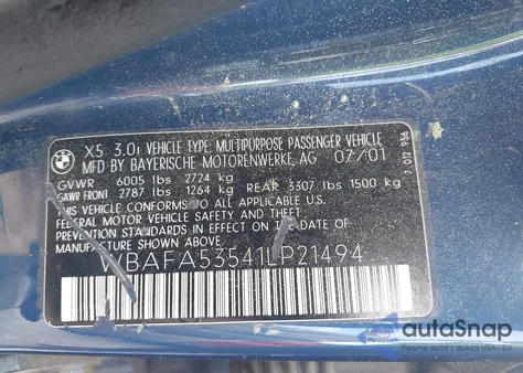 2001 BMW X5 3.0 from USA, damaged, VIN WBAFA53541LP21494